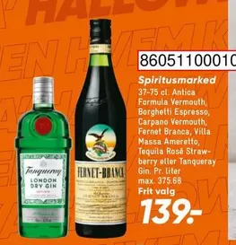 Branca - Antica Formula Vermouth, Borghetti Espresso, Carpano Vermouth, Fernet , Villa Massa Ameretto, Tequila Rosé Strawberry eller Tanqueray Gin