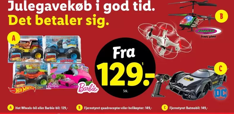 Barbie - Fjernstyret quadrocopter eller helikopter, Fjernstyret Batmobil, Hot Wheels bil eller  bil