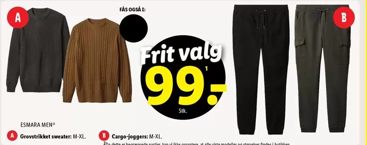 Grovestrikket sweater M-XL, Cargo-joggers M-XL