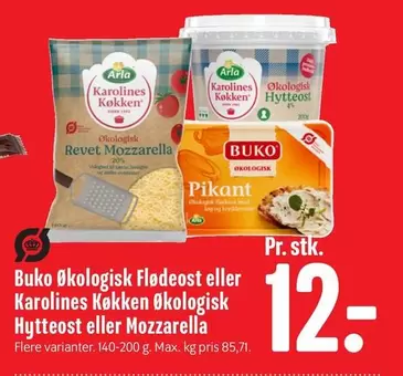 Arla - Økologisk Flødeost eller Karolines Køkken Økologisk Hytteost eller Mozzarella