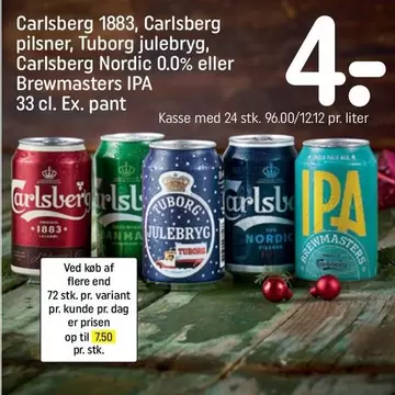 Carlsberg - 1883, pilsner, Tuborg julebryg, Nordic 0.0% eller Brewmasters IPA