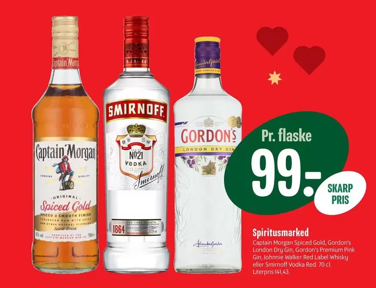 Red - Captain Morgan Spiced Gold, Gordons London Dry Gin, Gordons Premium Pink Gin, Smirnoff Vodka  Label whisky