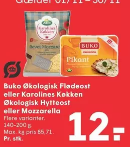 Arla - Økologisk Flødeost eller Karolines Køkken Økologisk Hytteost eller Mozzarella