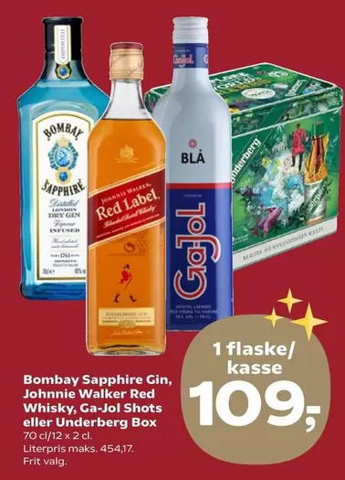 Red - Sapphire Gin, Walker  Whisky, Ga-Jol Shots eller Underberg Box