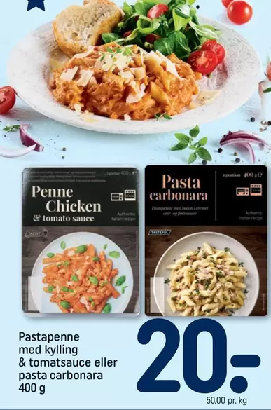 Pastapenne med kylling & tomatsauce eller pasta carbonara