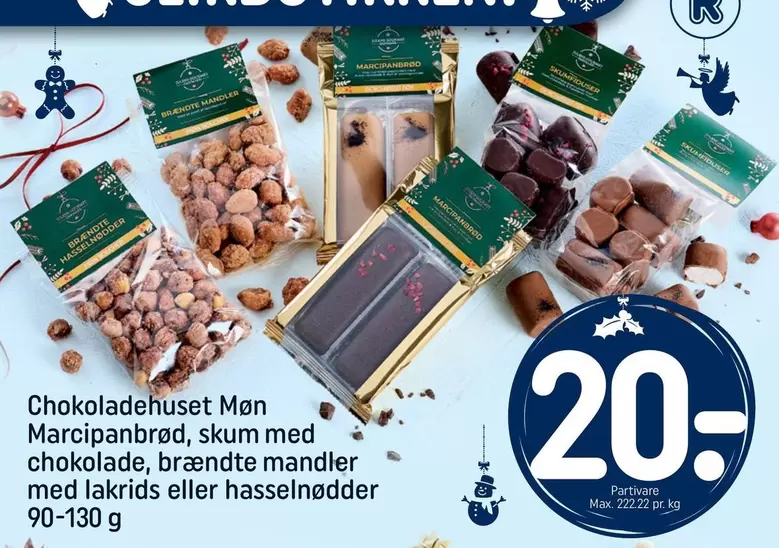 Marcipanbrød, skum med chokolade, brændte mandler med lakrids eller hasselnødder