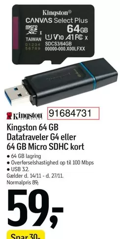 Kort - 64 GB Datatraveler G4 eller 64 GB Micro SDHC kort