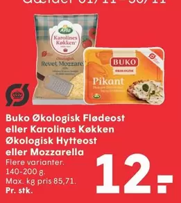 Arla - Økologisk Flødeost eller Karolines Køkken Økologisk Hytteost eller Mozzarella