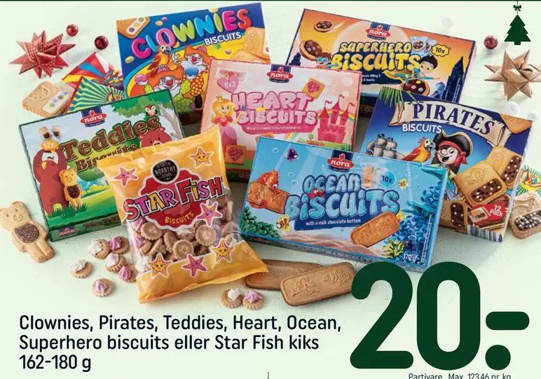 Clownies, Pirates, Teddies, Heart, Ocean, Superhero biscuits eller Star Fish kiks