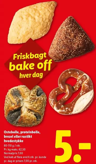 Ostebolis, proteinbolle, brezel eller rustikt hvedestykke