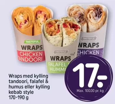 Wraps med kylling tandoori, falafel & humus eller kylling kebab style