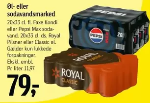 Ds - Faxe Kondi eller Pepsi Max sodavand, Royal Pilsner eller Classic