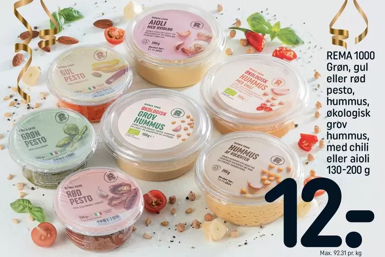 Chili - Grøn, gul eller rød pesto, hummus, økologisk grov hummus, med chili eller aioli