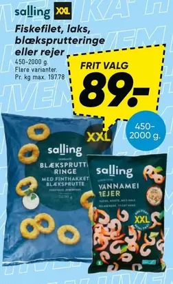 Fiskefilet, laks, blæksprutteringe eller rejer