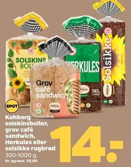 solskinsboller, grov café sandwich, Herkules eller solsikke rugbrød