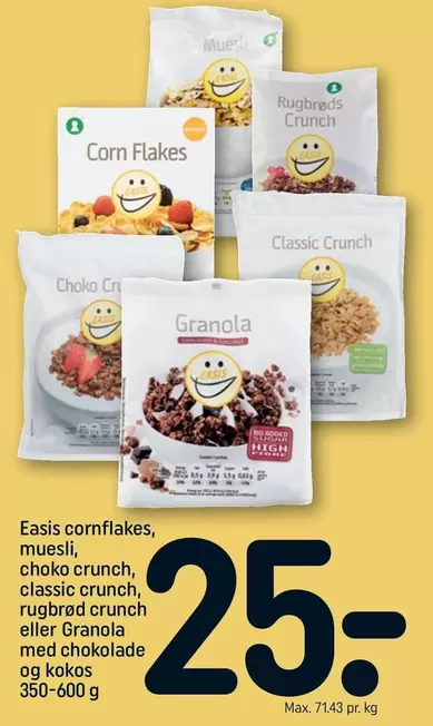 Granola - cornflakes, muesli, choko crunch, classic crunch, rugbrød crunch eller  med chokolade og kokos