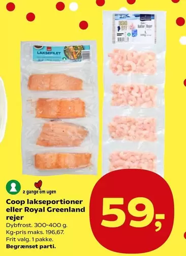 Coop lakseportioner eller Royal Greenland rejer