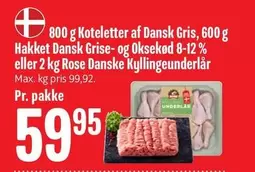 Rose - Koteletter af Dansk Gris, Hakket Dansk Grise- og Oksekød eller  Danske Kyllingeunderlår