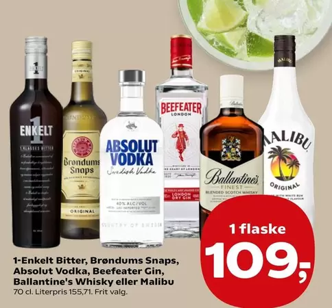 Malibu - Enkelt Bitter, Brøndums Snaps, Absolut Vodka, Beefeater Gin, Ballantine's Whisky eller