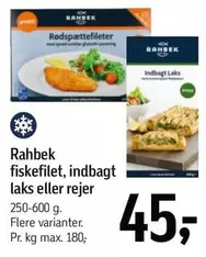 fiskefilet, indbagt laks eller rejer