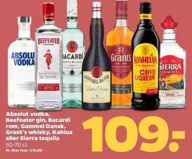 vodka, gin, rom, Dansk, whisky, Kahlua eller tequila