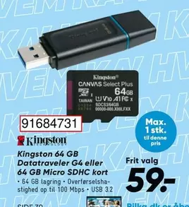 Kort - 64 GB Datatraveler G4 eller 64 GB Micro SDHC kort