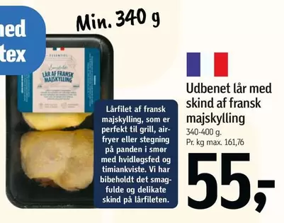 Udbenet lår med skind af fransk majskylling