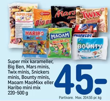 Haribo - Super mix karameller, Big Ben, Mars minis, Twix minis, Snickers minis, Bounty minis, Maoam MaoMixx eller  mini mix