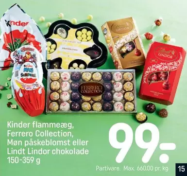 Kinder -  flammeæg, Ferrero Collection, Møn påskeblomst eller Lindt Lindor chokolade
