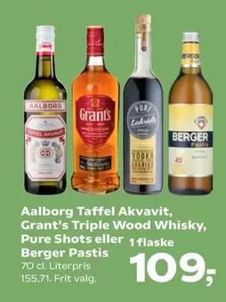Taffel Akvavit, Triple Wood Whisky, Pure Shots eller Berger Pastis