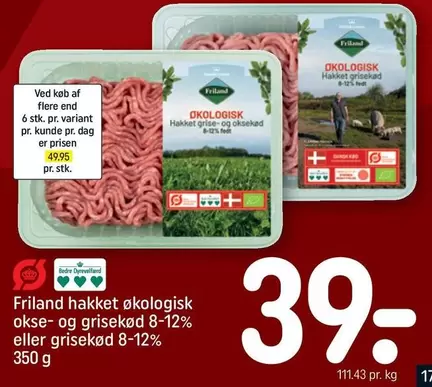 hakket økologisk okse- og grisekød 8-12% eller grisekød 8-12%
