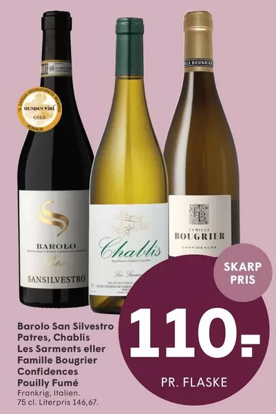 Inter - Barolo San Silvestro Patres, Chablis Les Sarments eller Famille Bougrier Confidences Pouilly Fumé