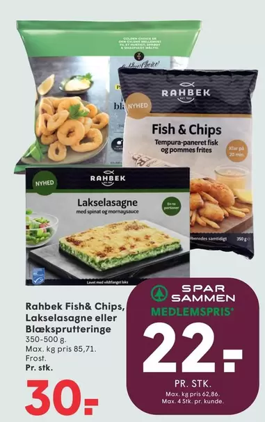 Den - Fish&Chips, Lakselasagne eller Blæksprutteringe