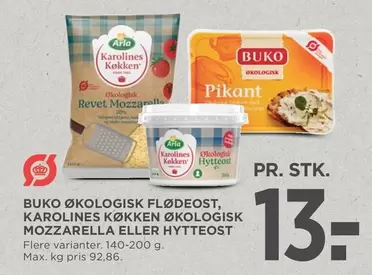 Arla - ØKOLOGISK FLØDEOST, KAROLINES KØKKEN ØKOLOGISK MOZZARELLA ELLER HYTTEOST