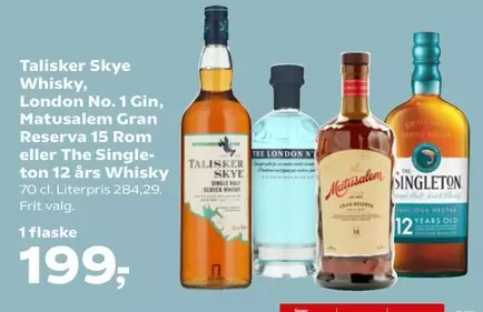 Skye Whisky, London No. 1 Gin, Matusalem Gran Reserva 15 Rom eller The Singleton 12 års Whisky