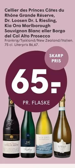 Cellier des Princes Côtes du Rhône Grande Réserve, Dr. Loosen Dr. L Riesling, Kia Ora Marlborough Sauvignon Blanc eller Borgo del Col Alto Prosecco