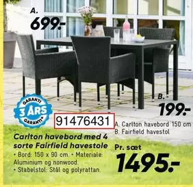 Carlton havebord med 4 sorte Fairfield havestole