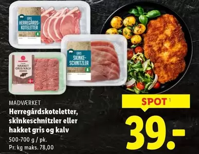 Herregårdskoteletter, skinkeschnitzler eller hakket gris og kalv