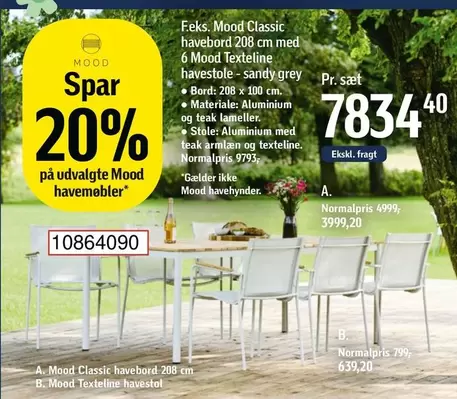 Mood Classic havebord 208 cm med 6 Mood Texteline havestole - sandy grey