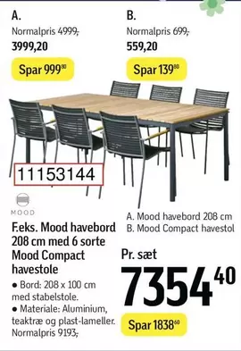 Mood havebord 208 cm med 6 sorte Mood Compact havestole