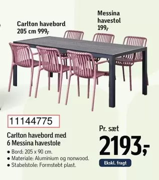 Carlton havebord med 6 Messina havestole