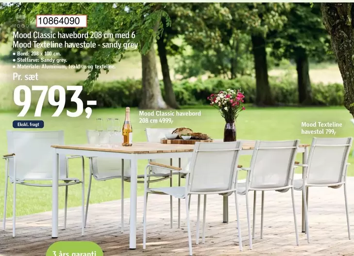 Mood Classic havebord 208 cm med 6 Mood Textetine havestale