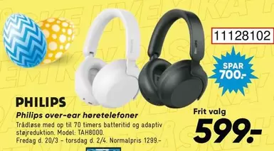Philips -  over-ear høretelefoner Trådløse med op til 70 timers batteritid og adaptiv støjreduktion. Model: TAH8000