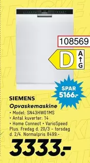 Siemens - Opvaskemaskine SN43HW01MS