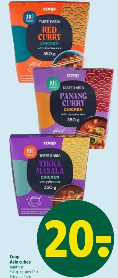 Red - Taste Asia  Curry Chicken with Jasmine Rice, Panang Curry Chicken with Jasmine Rice, Tikka Masala Chicken with yellow rice