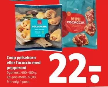 Pølsehorn eller focaccia med pepperoni