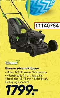Grouw plæneklipper - Motor 173 CC benzin. Selvkørende Klippebredde 51 cm. Justerbar klippehøjde 25-75 mm. Sideudkast, bioklip og opsamler.