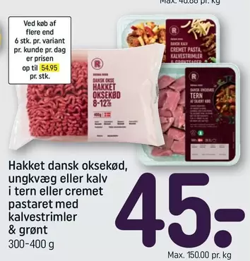 Hakket dansk oksekød, ungkvæg eller kalv i tern eller cremet pastaret med kalvestrimler & grønt