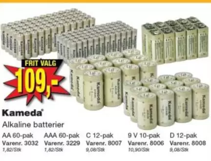 Alkaline batterier AA 60-pak, AAA 60-pak, C 12-pak, 9 V 10-pak, D 12-pak