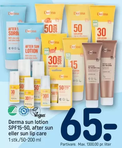 Derma Sun lotion SPF15-50, after sun eller sun lip care